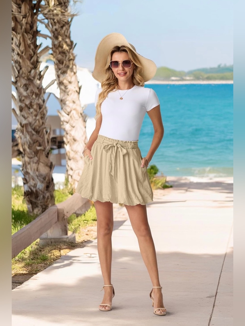 Lepunuo Khaki Bubble Mini Skirt High Waist Skort with Pockets Size Small NWT